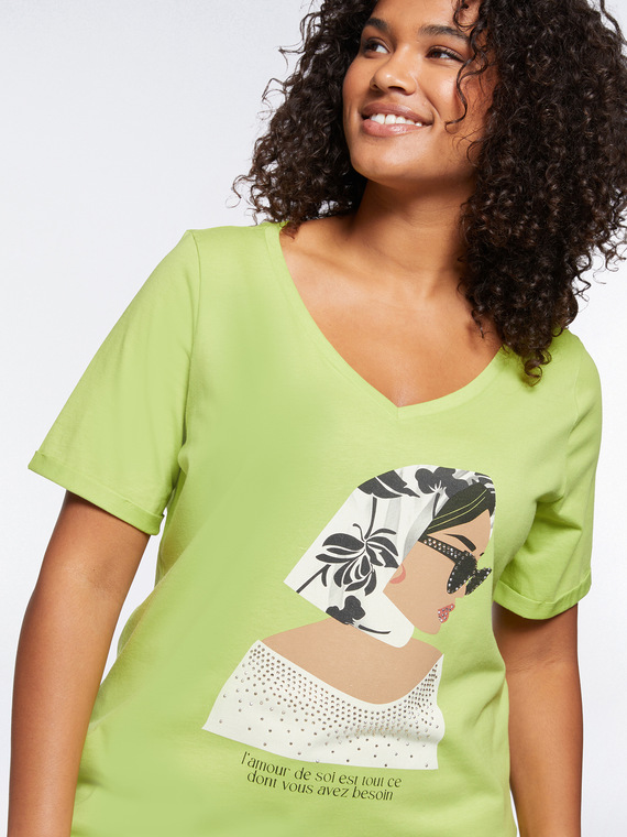 Fiorella Rubino - T-shirt con stampa e strass Donna, Verde chiaro Taglia: L (56-58 IT)