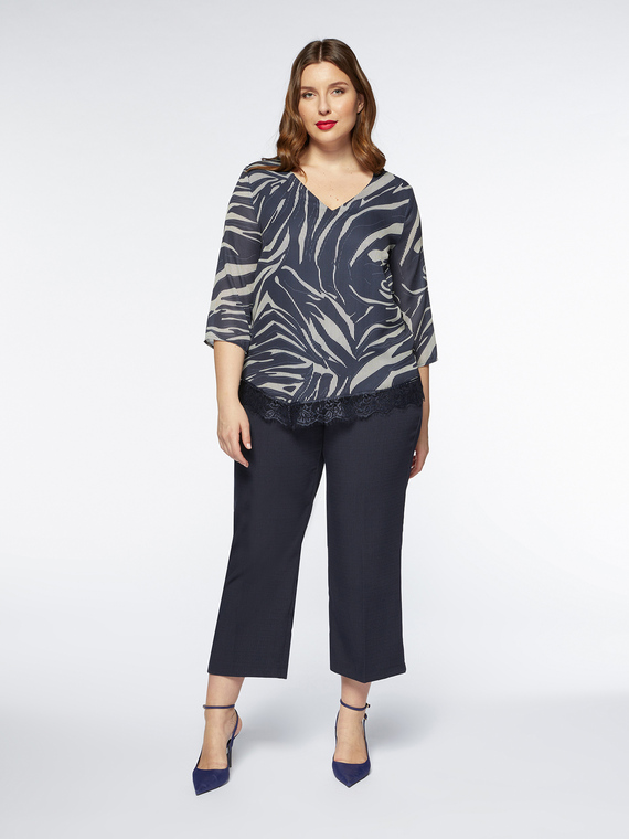 Fiorella Rubino - Blusa stampata con bordo in pizzo Donna, Blu Taglia: 43 (52 IT)