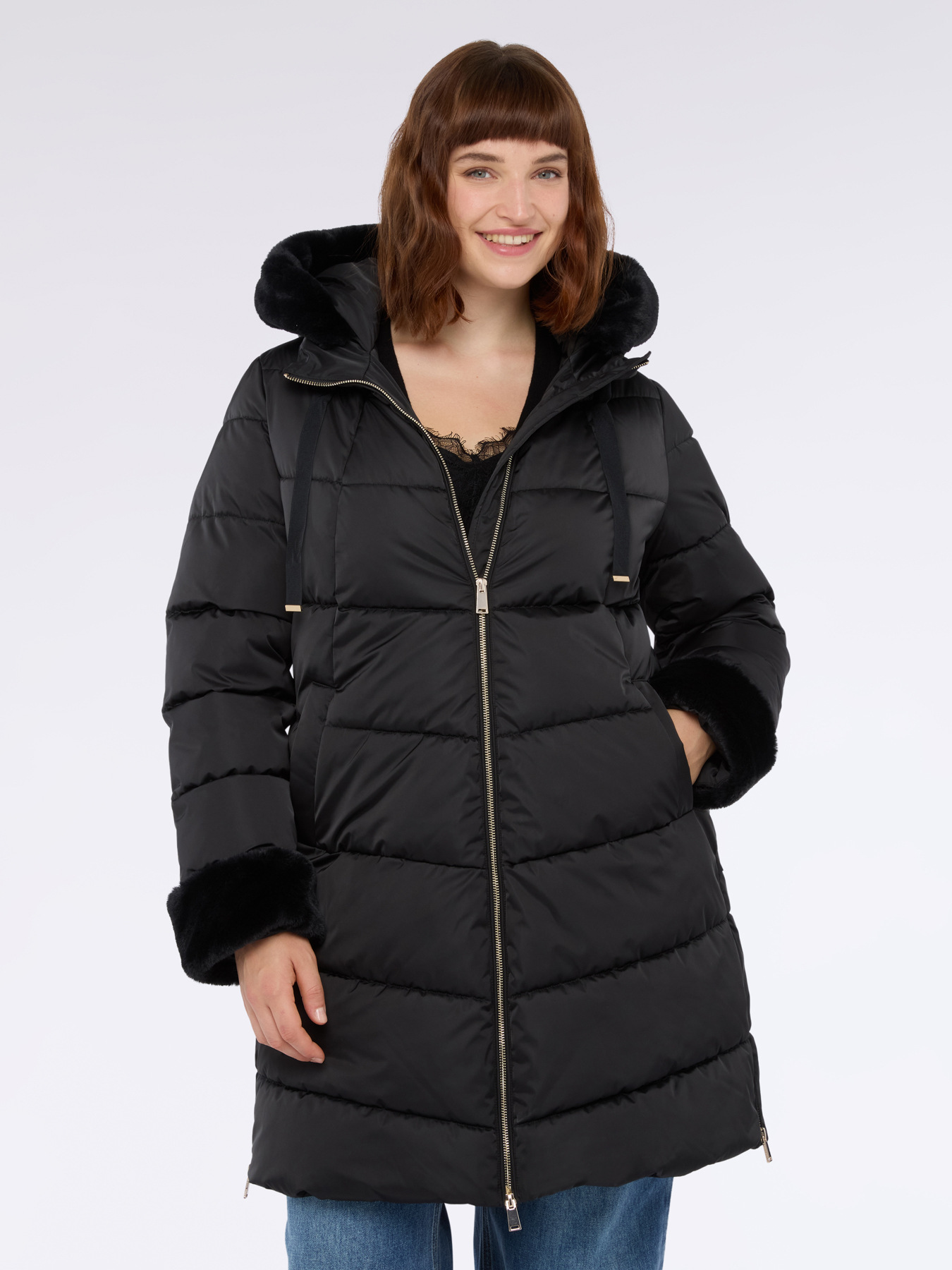 Long down jacket with hood and plush insert image number 2