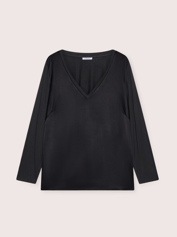 Two-material V-neck T-shirt with long sleeves