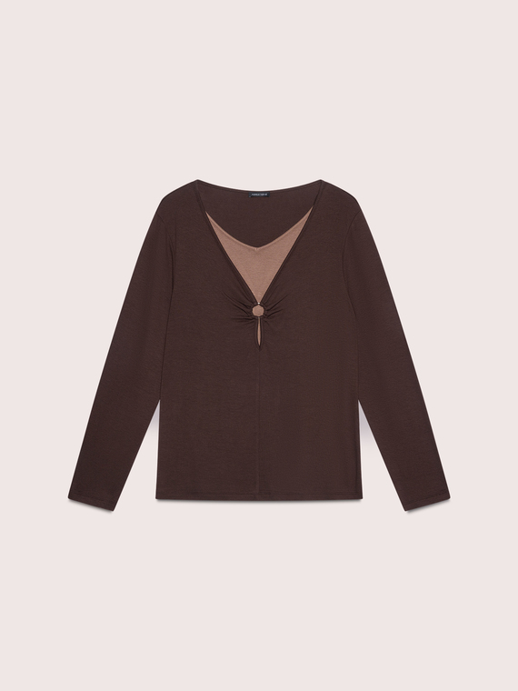 T-shirt bimaterica con inserto scollo a V