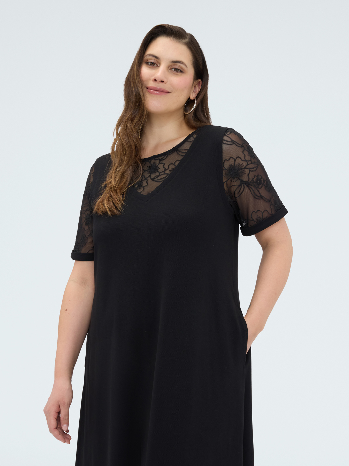 Long A-line dress with floral details image number 3