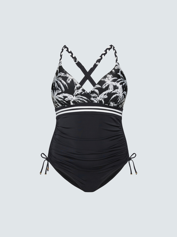 One-piece swimsuit with tropical print