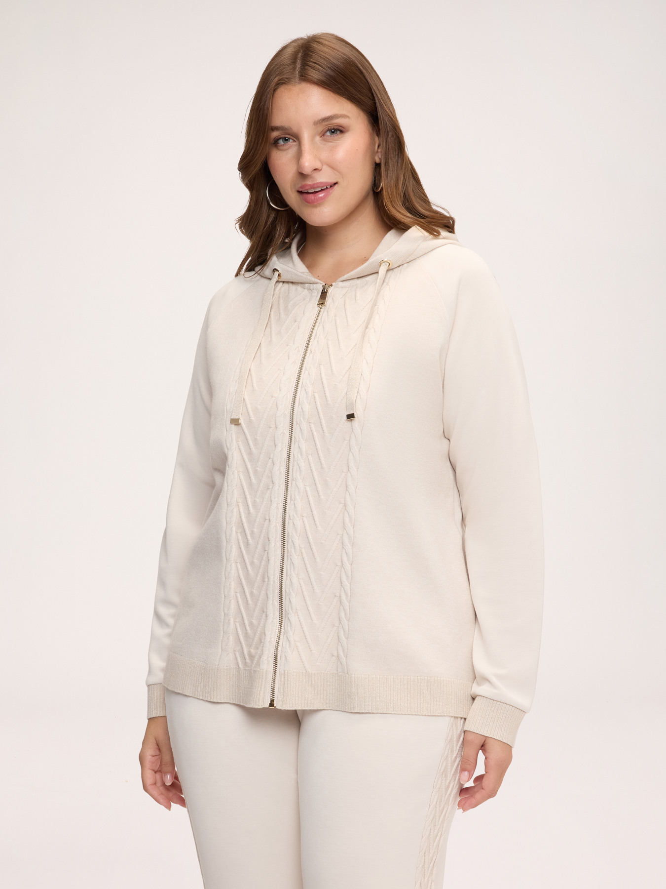 Open cardigan with hood and cable knit image number 0