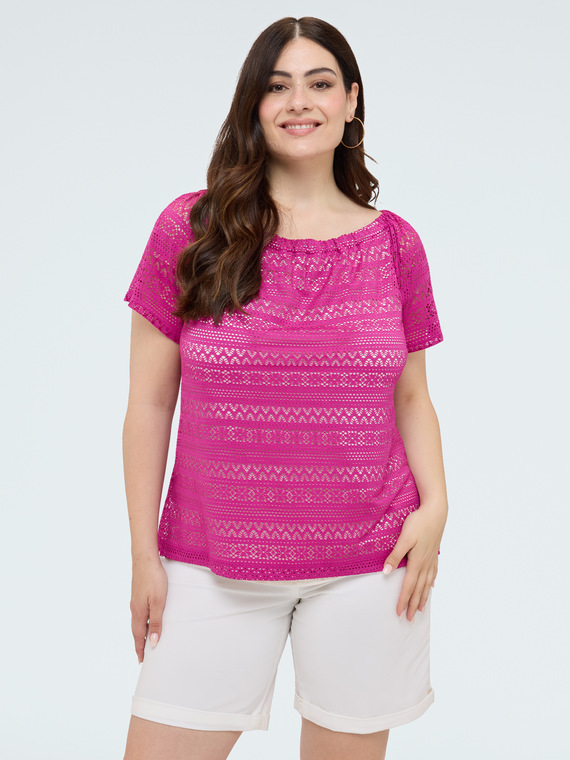 Striped lace T-shirt with boat neckline