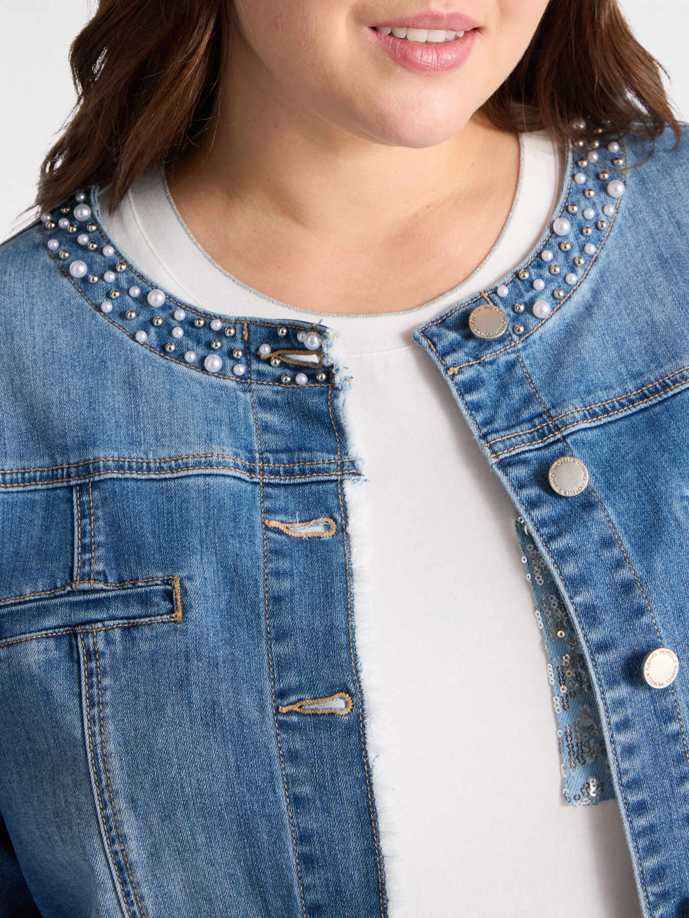 Denim jacket with pearl embroidery image number 3