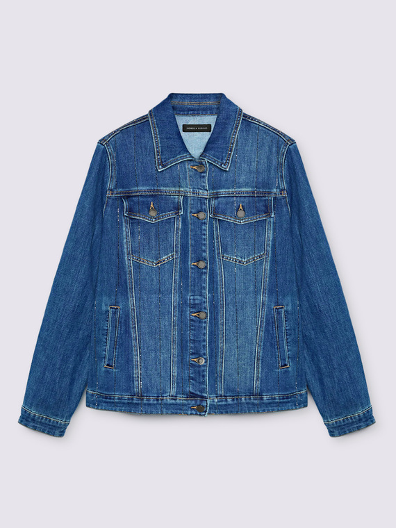 Denim jacket with rhinestone pinstripe