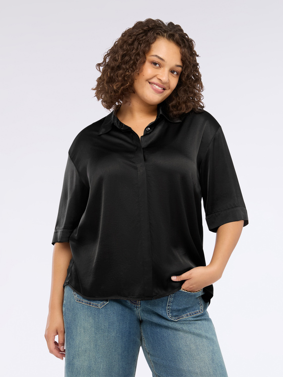 Stretch satin shirt with three-quarter sleeves