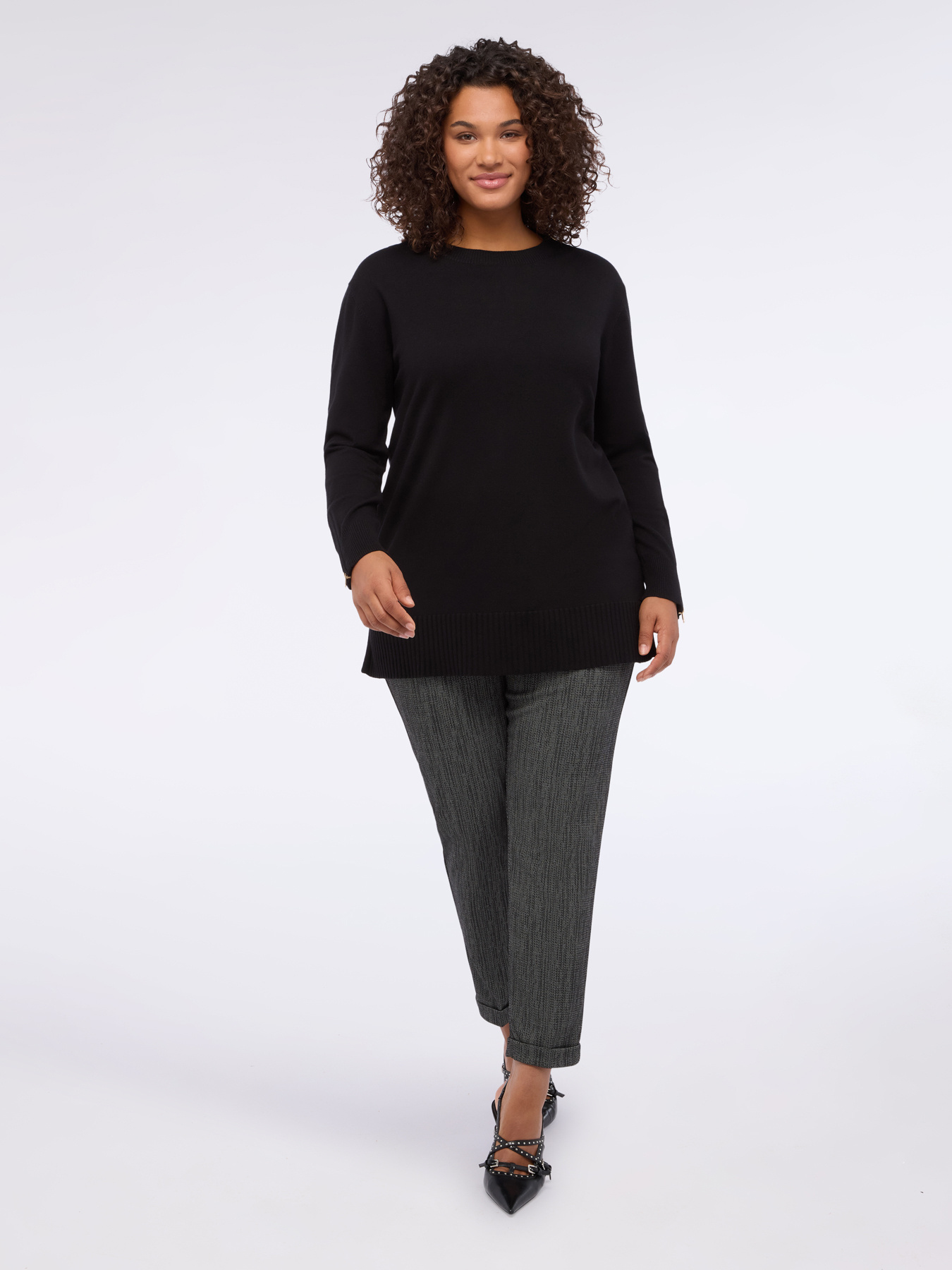 Crew neck sweater with decorative zippers image number 0