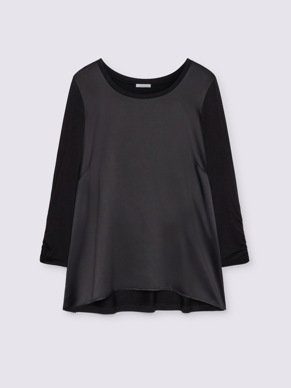 Two-material T-shirt with three-quarter sleeves in satin and jersey
