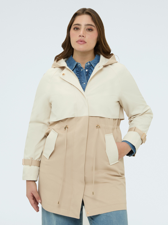 Two-tone hooded trench coat