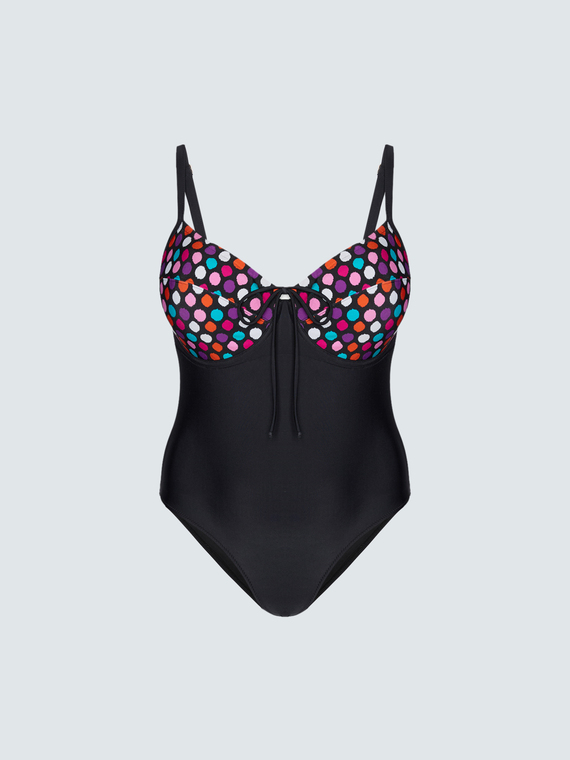 One-piece swimsuit with balconette cups and polka dots