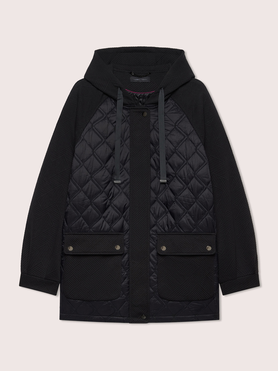 Bi-material down jacket with hood