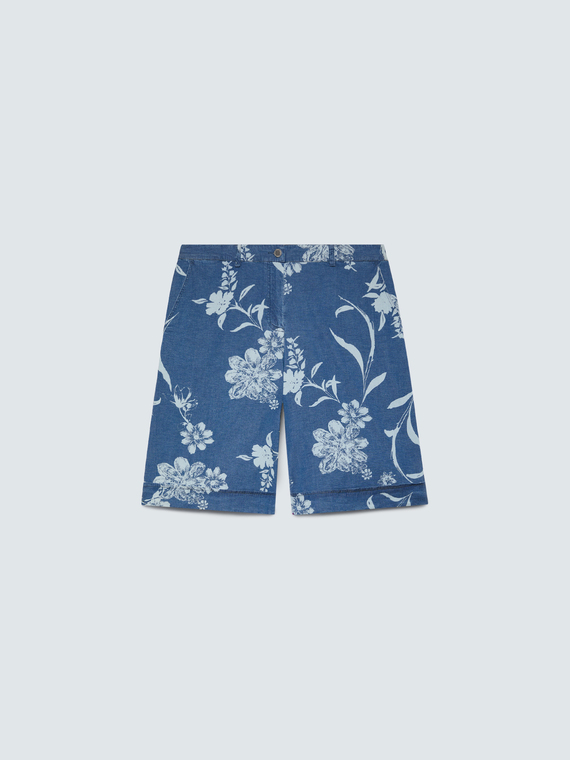 Denim bermuda shorts with delav&eacute; foliage print