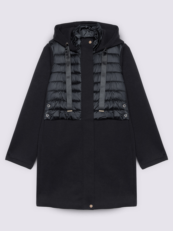 Long bi-material down jacket with hood