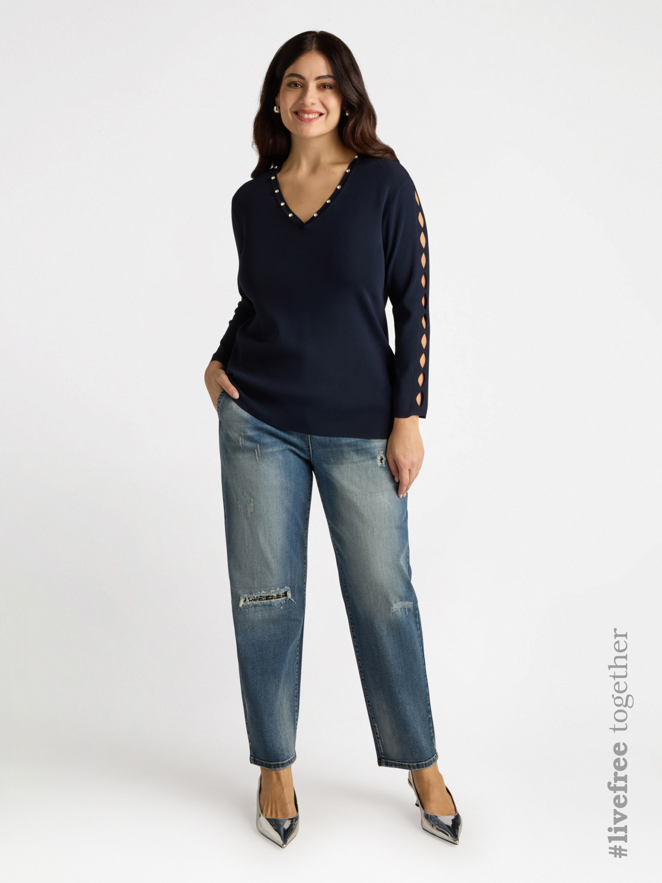 Jeans balloon strappo davanti con tessuto tweed image number 0