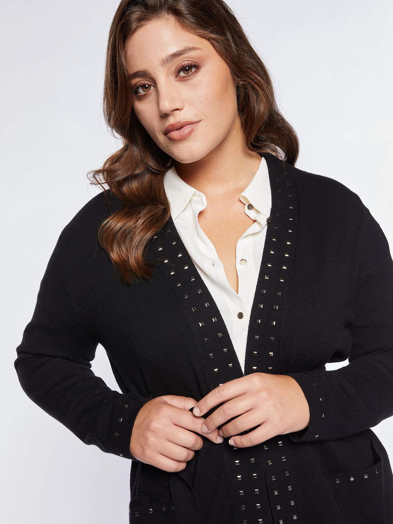 Long cardigan with studs and belt image number 3