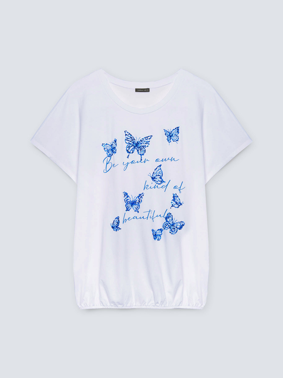 Camiseta con mariposas bordadas y texto