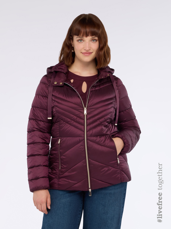 Quilted down jacket with chevron pattern and hood