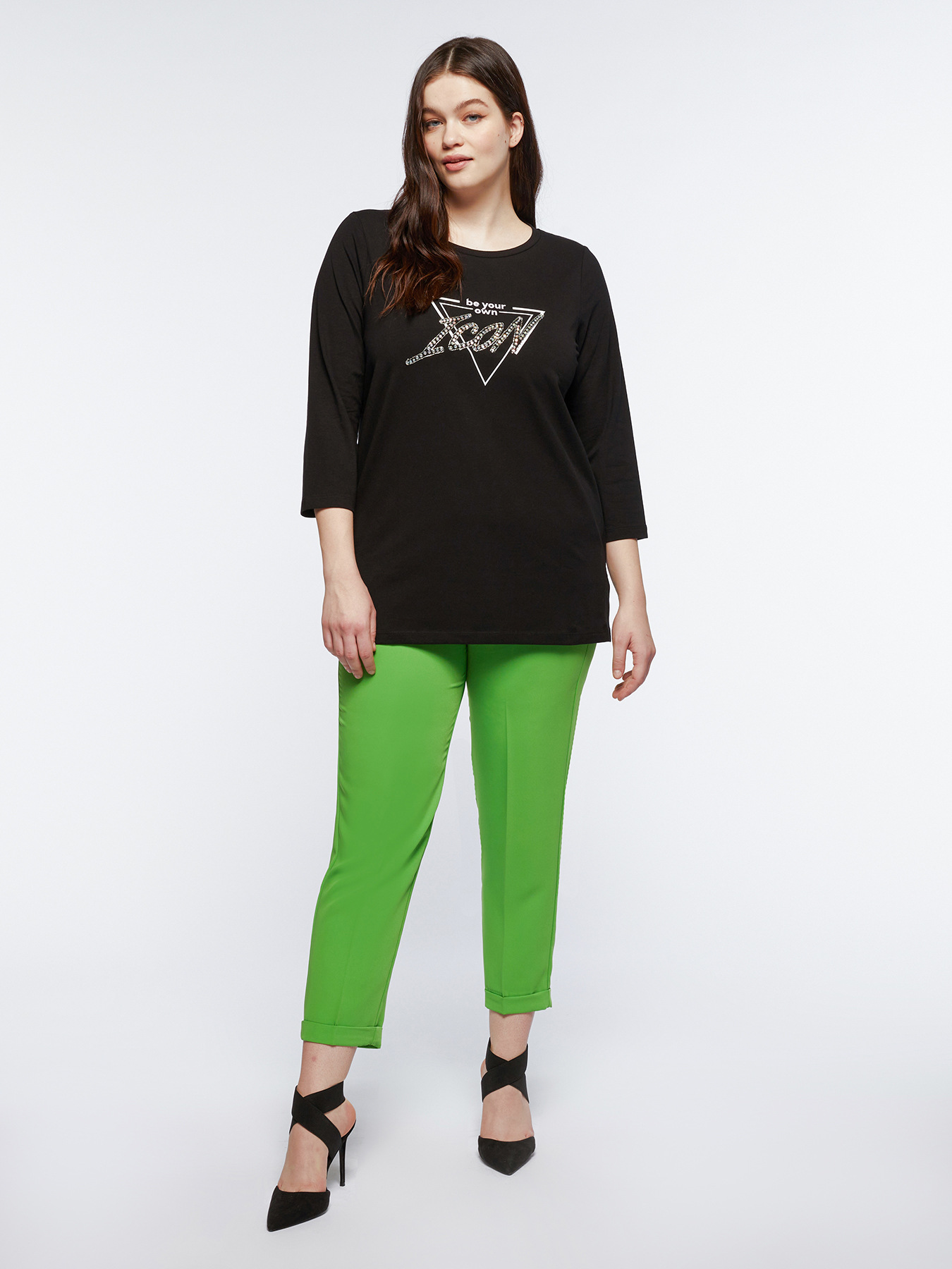 T-Shirt mit Druck und Strass-Steinchen image number 2