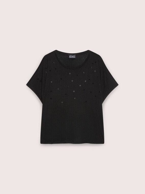 Jersey t-shirt with rhinestone and pearl hearts