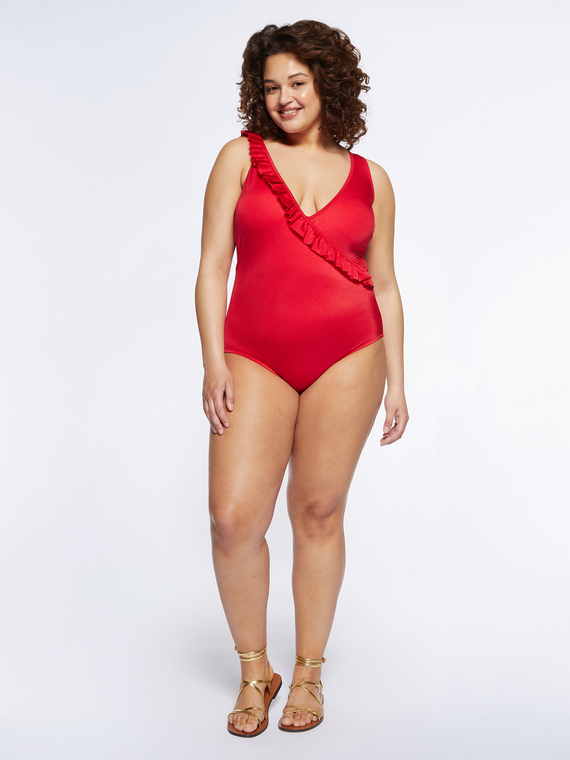 Red one-piece swimsuit with ruffles