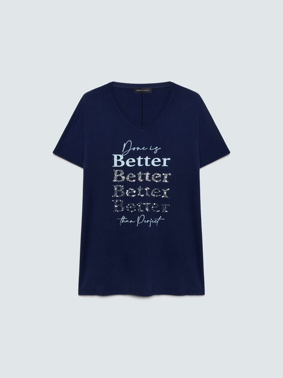 Viscose t-shirt with lettering and sequins