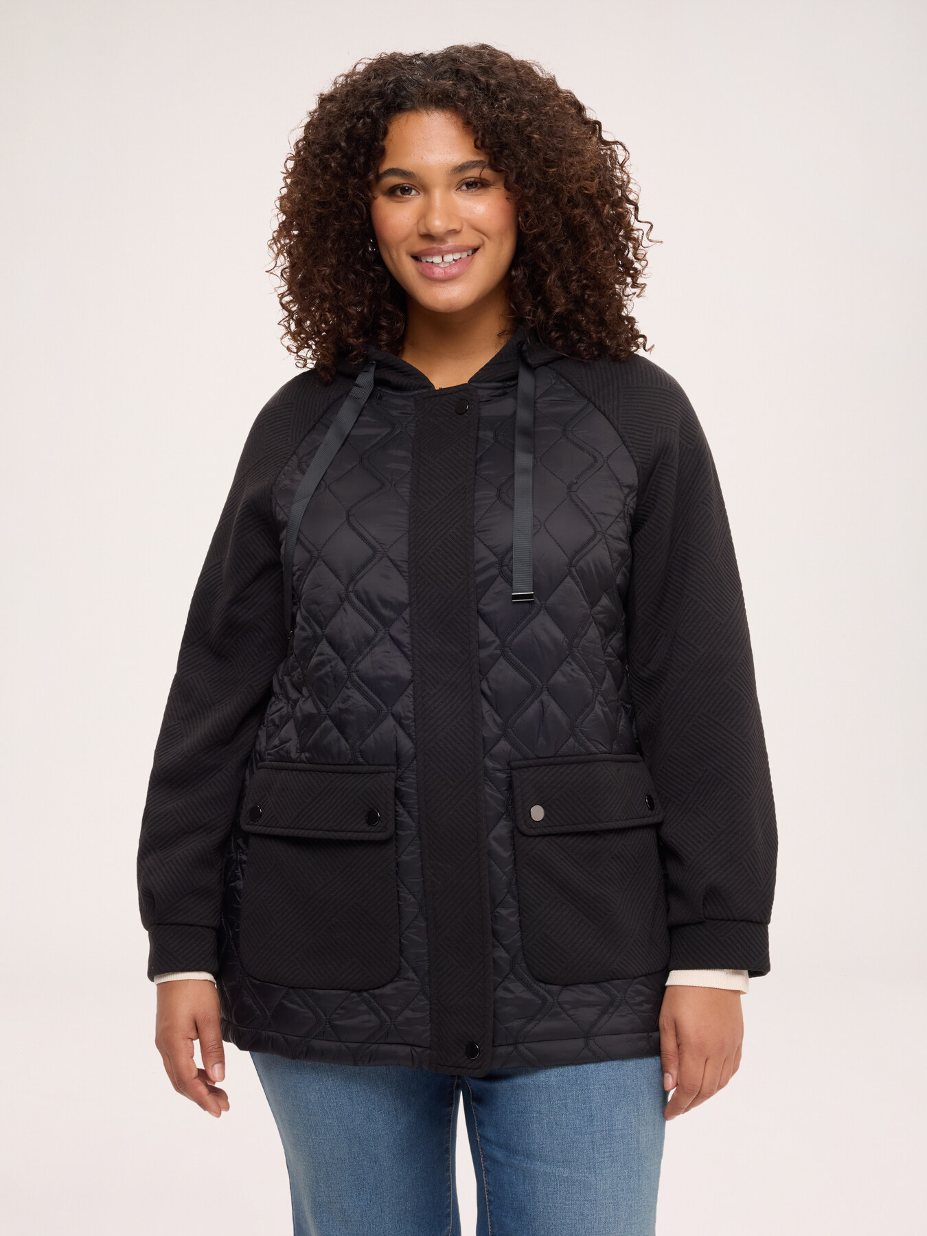 Bi-material down jacket with hood image number 0