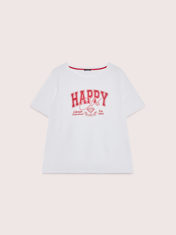 Cotton T-shirt with print and appliqu&eacute;s