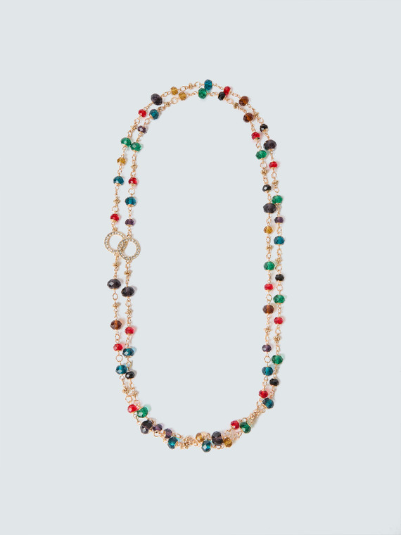 Collier long avec perles multicolores et strass