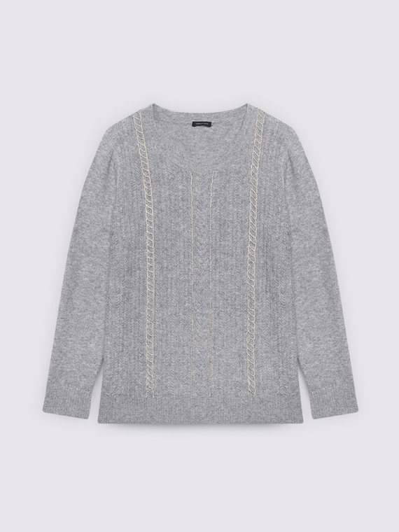 Braided knit sweater with rhinestone embroidery