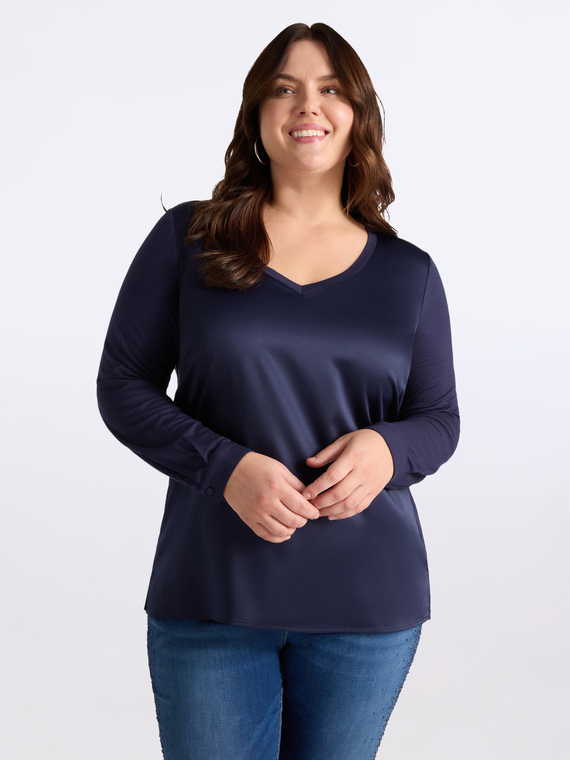 T-shirt con scollo a v in due tessuti | Fiorella Rubino