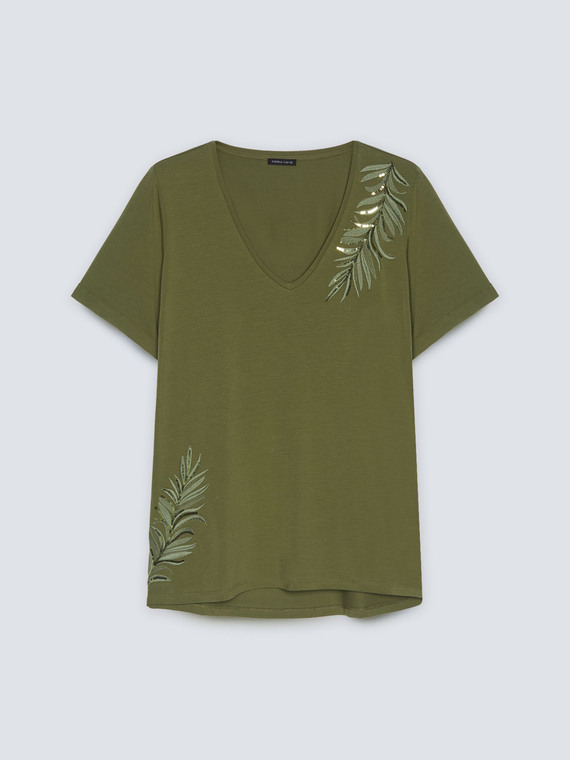 T-shirt con foglie ricamate