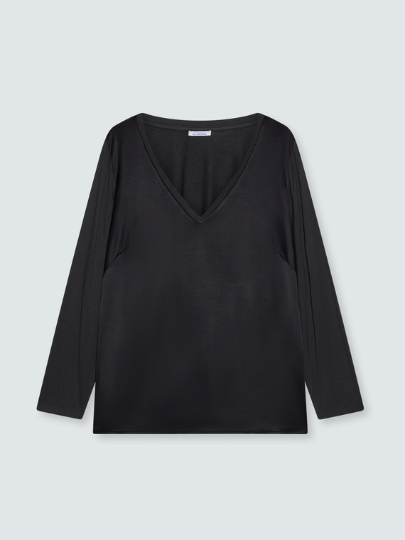 Two-material V-neck T-shirt with long sleeves