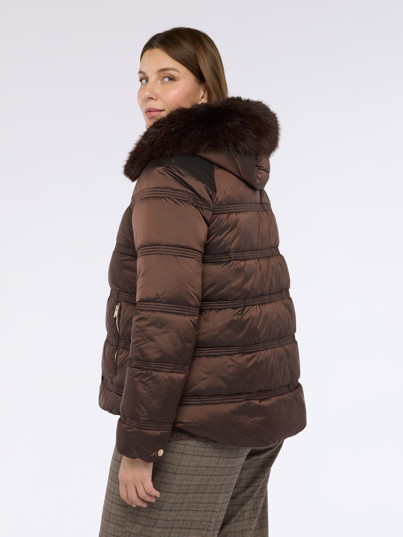 Down jacket with plush hood image number 1