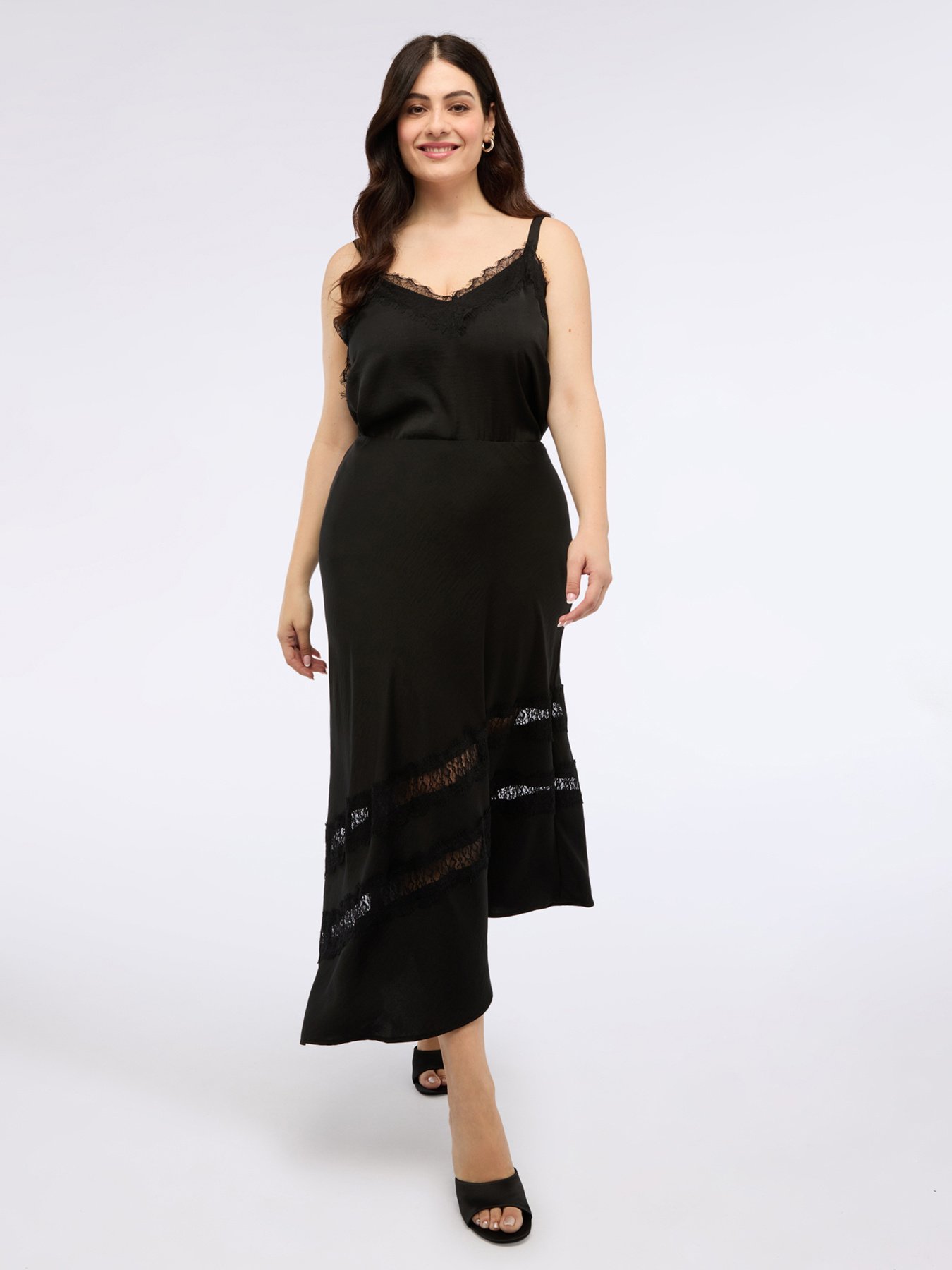 Long flared skirt in satin with lace image number 1