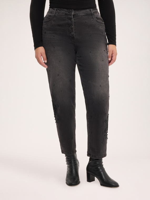 Barrel-Jeans mit Blumenstickerei und Perlen
