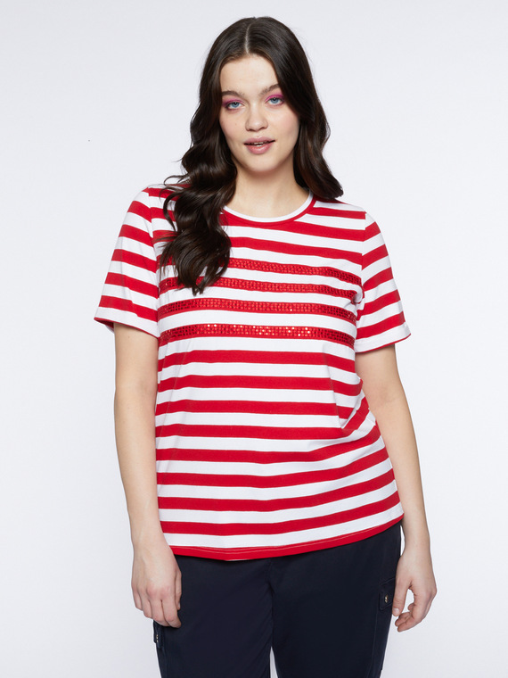 Fiorella Rubino - T-shirt a righe con ricamo Donna, Rosso Taglia: M (52-54 IT)