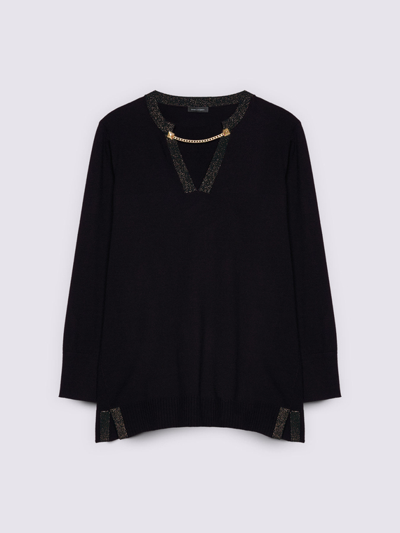 Sweater with chain detail on V-neck