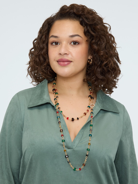 Collier long avec perles multicolores et strass