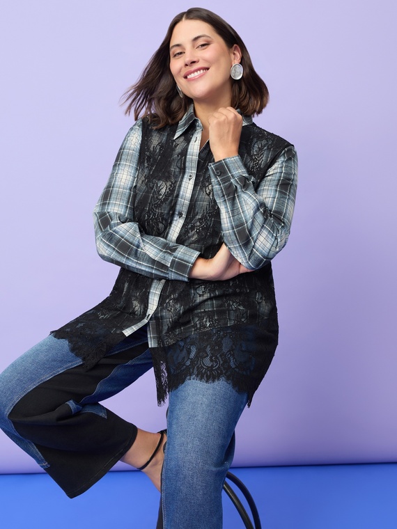 Checked shirt with floral lace inserts