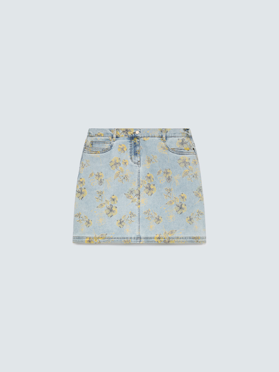 Denim mini skirt with floral print