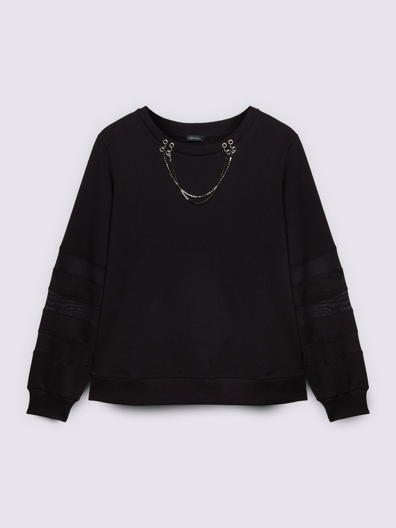 Sweatshirt with decorative chain detail and perforated inserts