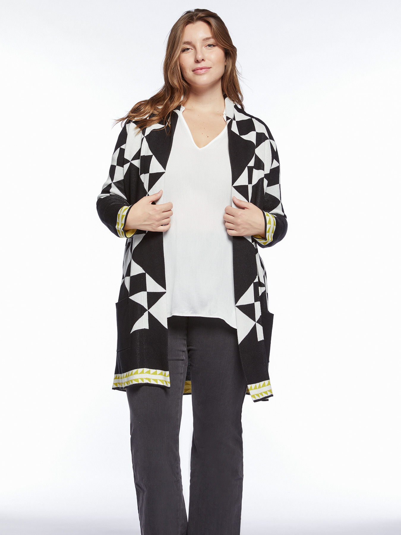 Long geometric patterned cardigan image number 2