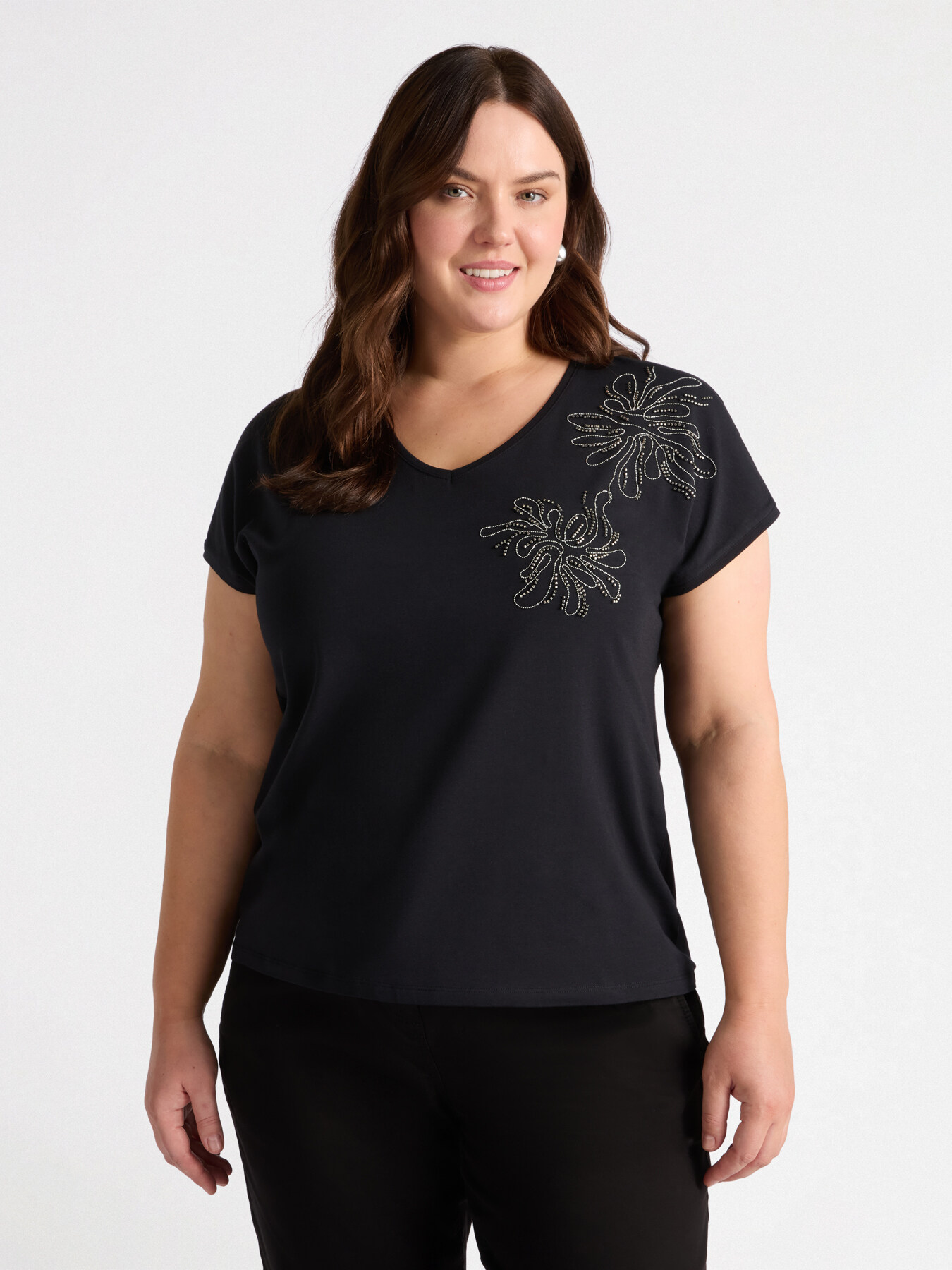 T-shirt bimaterica con ricamo floreale image number 0