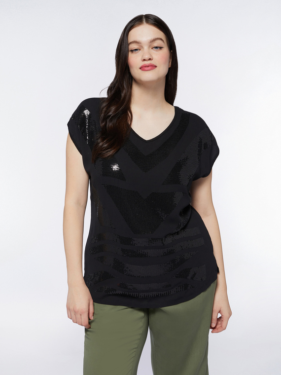 Fiorella Rubino - T-shirt con ricamo in paillettes Donna, Nero Taglia: M (52-54 IT)
