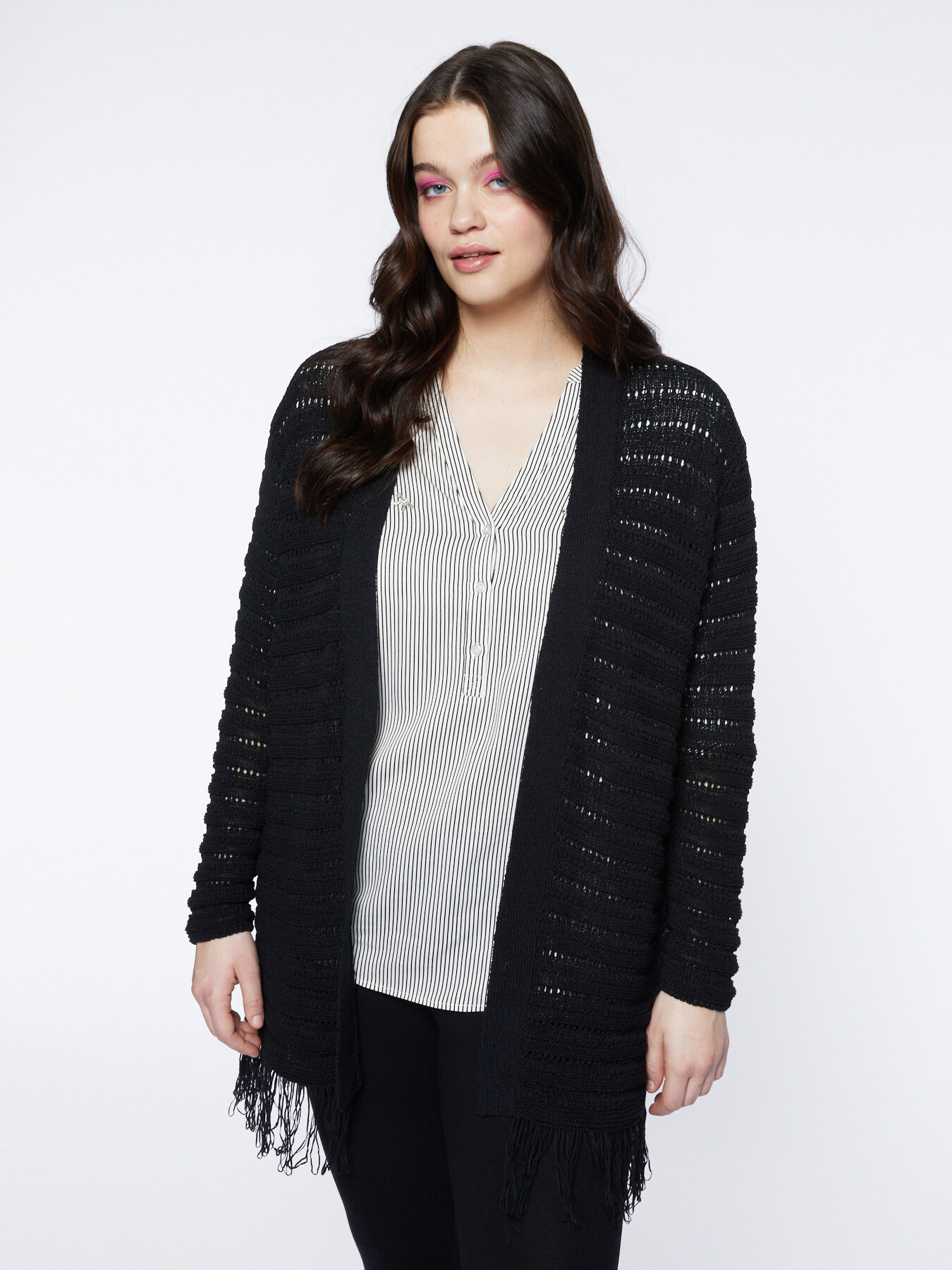 Cardigan with openwork and fringed hem image number 0