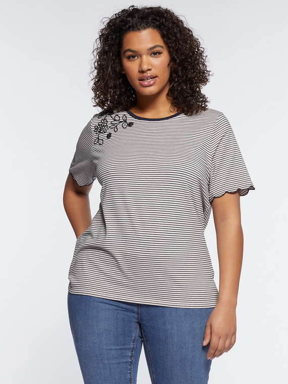 Striped T-shirt with floral embroidery
