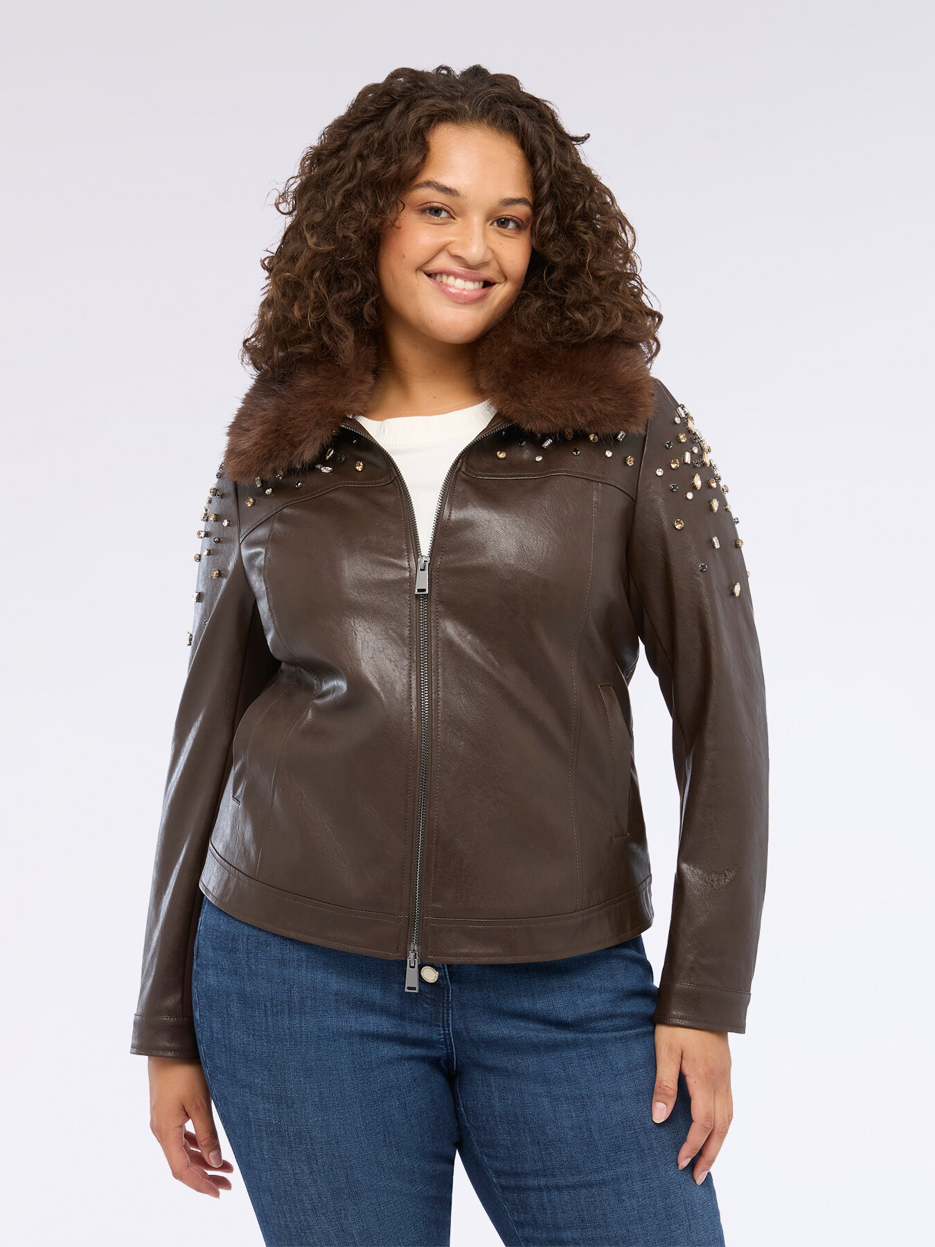 Biker jacket with light points and plush collar image number 3