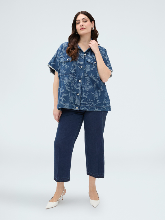 Denim shirt with foliage jacquard pattern
